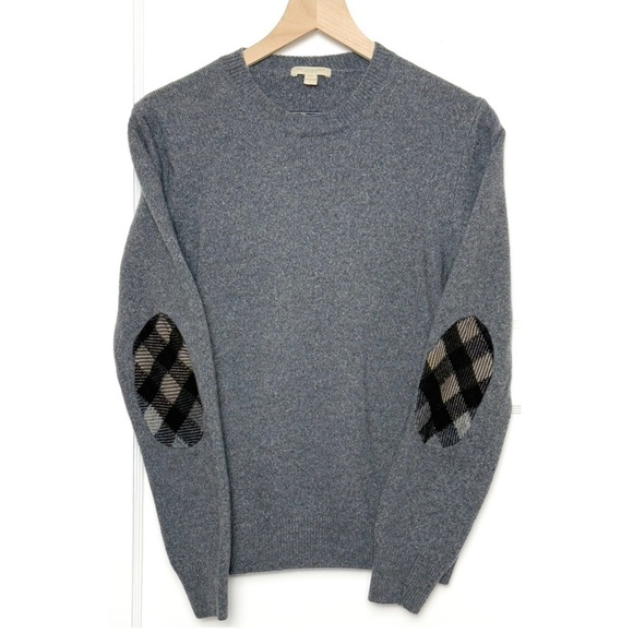 BURBERRY BRIT Wool & Silk Knit Nova Check Plaid Elbow Patch Crew Neck Sweater L - Picture 1 of 4